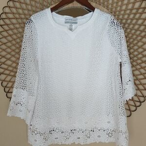 Alfred Dunner Petite Eyelet Crochet 3/4 Sleeve Top Size PS White